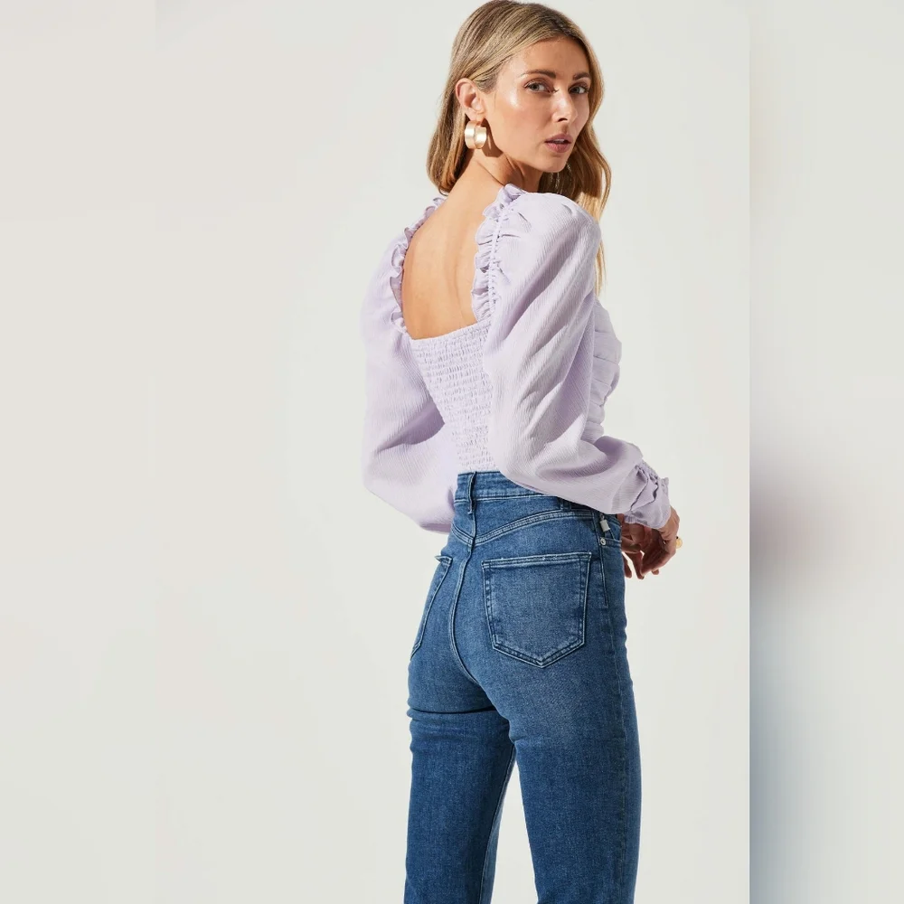 ASTR The Label Puff Sleeve Square Neck Top Pale Purple Size Large